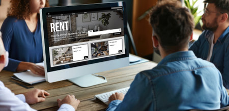 Online real estate rental search brisk on computer. House home or apartment rental website online.の素材