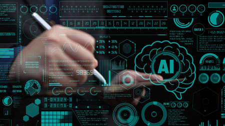 This image showcases an advanced digital interface representing data visualization and AI tools for...