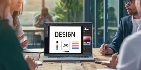 Graphic designer software for modern design of web page and commercial brisk ads showing on the computer screenの素材