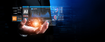 Explore a cutting-edge representation of AI data analytics highlighting personal assistant features,...