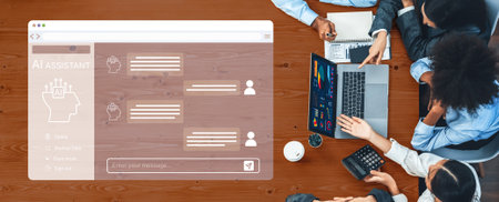 A diverse group of professionals collaborates on a project in a modern workspace, featuring an AI...