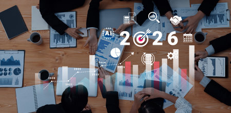 Bar graphs, charts, and number 2026 with AI and data analysis icons symbolizing future business...