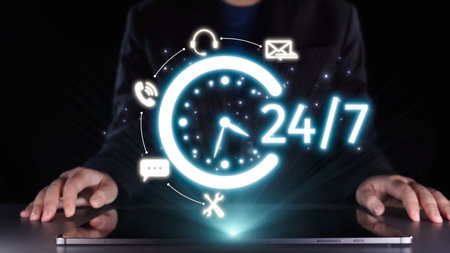 A professional figure interacts with a laptop, showcasing a glowing 24 hour clock with communication...