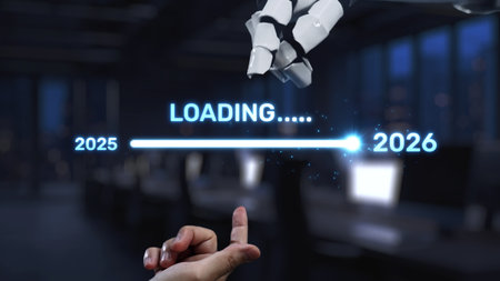 A sleek robotic hand interacts with a glowing loading bar, symbolizing technological advancement from 2025 to 2026 in a contemporary office environment.の写真素材