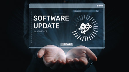 Knowledge upgrade and software update, digital skills improvement, competitive advantage, continuous learning, and staying up to date with latest technology and software trends. Elideの写真素材