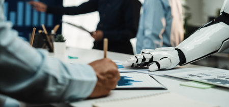 AI-backed market analysis helps business professionals refine marketing strategies, fostering effective collaboration and strategic research.の写真素材