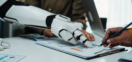 The modern workspace sees professionals embrace AI, blending cutting edge analytics with creative thinking to overcome complex marketing hurdles and expand reach.の写真素材