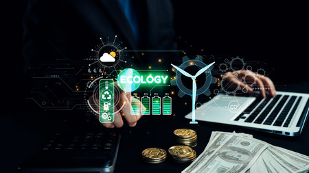 A creative representation of sustainable finance showcasing ecology, renewable energy, and modern technology, highlighting the balance between profit and environmental responsibility.の写真素材