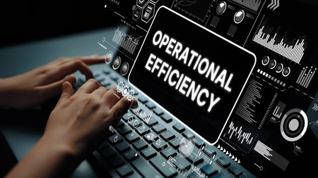 Hands on Keyboard with Digital Display of Operational Efficiency and Data Visualization for Business...
