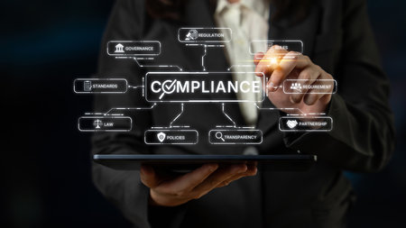 Compliance ensures alignment with standards, laws, and policies. A strong compliance system helps enforce regulation, protect organizations, and improve global compliance transparency.の写真素材