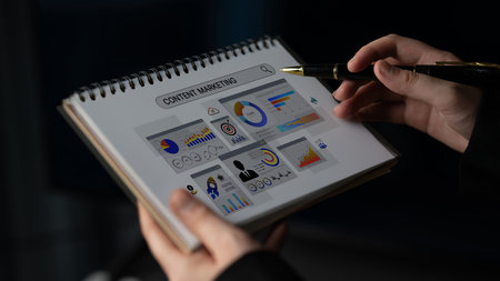 Content marketing interface with data dashboards, analytics charts, and content tools. Marketing success comes from content performance, content planning, and marketing optimization.の写真素材