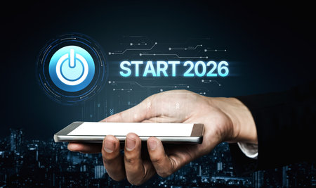 Start concept with futuristic power button symbolizing fresh beginnings, innovation, and digital...