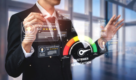 Customer experience review analysis, customer satisfaction improvement, feedback data evaluation, service quality enhancement, and business reputation through online review insights.の写真素材