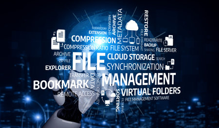 This digital illustration highlights key concepts in file management, cloud storage, and virtual tools, illustrating the importance of efficient organization in the digital realm. Tesselの写真素材