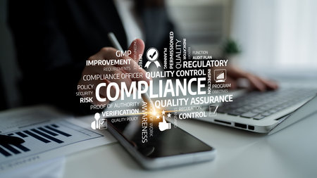 A business professional engages in compliance discussion, focusing on quality assurance and risk...