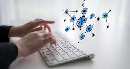 Hands are shown typing on a sleek keyboard, surrounded by abstract digital network connections,...