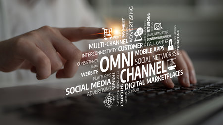 This image illustrates the concept of omnichannel strategy in business, highlighting the importance of customer engagement through digital channels and social media interactions. Tesselの写真素材