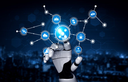 A robotic hand interacts with digital elements, showcasing a network of icons that represent...