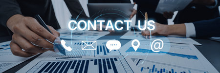 A set of communication methods for customer service. Includes contact information for phone, email, chat, and physical address for user support and inquiries.の写真素材