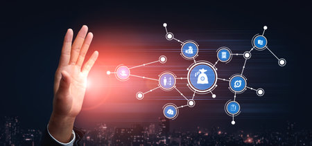 A hand interacts with glowing finance icons in a digital environment, illustrating modern financial...