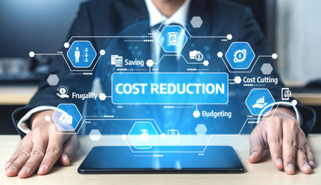A businessman in a professional setting interacts with digital icons representing cost reduction strategies, including budgeting and saving methods for enhanced business efficiency. Tesselの写真素材