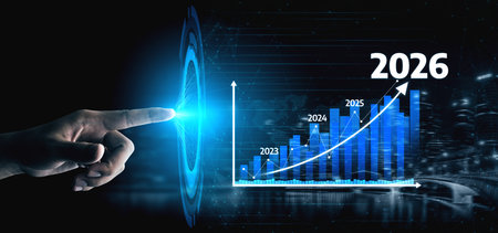 A hand reaching towards a blue glowing point symbolizes digital transformation, showcasing a...
