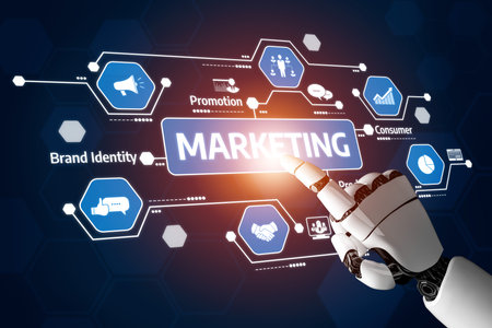 A futuristic robot hand interacts with marketing concepts, showcasing elements like promotion, consumer engagement, and brand identity in a digital environment. Tesselの写真素材