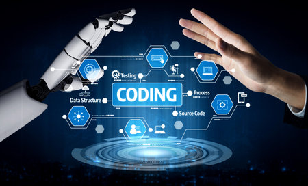 A captivating image illustrating the interaction between a robot hand and a human hand, emphasizing...