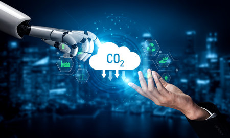 AI helps manage carbon footprint by analyzing emission data, optimizing renewable energy use, and automating sustainable practices to reduce the overall carbon footprint. Vouchの写真素材