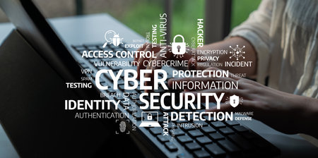This image showcases the essential elements of cyber security, emphasizing protection, vulnerabilities, and detection related to information security on a computer. Tesselの写真素材