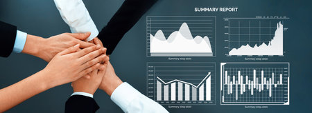 Hands collaborating over summary report analytics, showcasing various graphs and charts that...