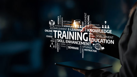 A visually striking image that showcases the concept of training and skill enhancement using modern technology, featuring essential educational keywords in a dark background. Tesselの写真素材