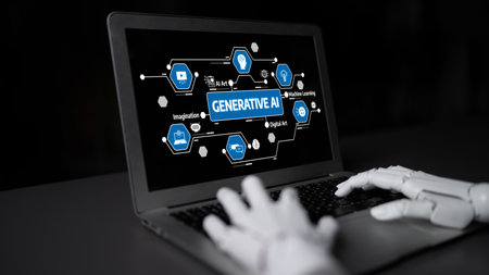 A robotic hand interacts with a laptop displaying generative AI symbols, showcasing the intersection of technology, creativity, and digital innovation in a dark setting. Tesselの写真素材