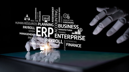 A robotic hand interacts with a touch screen, visualizing key business concepts and ERP terms, representing the future of digital transformation and enterprise solutions. Tesselの写真素材