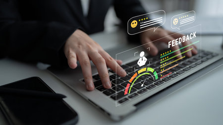 A system for collecting customer feedback and measuring service quality. A dashboard with user reviews, ratings, and a satisfaction meter. Motifの写真素材