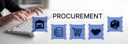 The business procurement process for strategic sourcing. This includes purchasing, supply chain management, contract negotiation, and logistics from warehouse to delivery.の写真素材