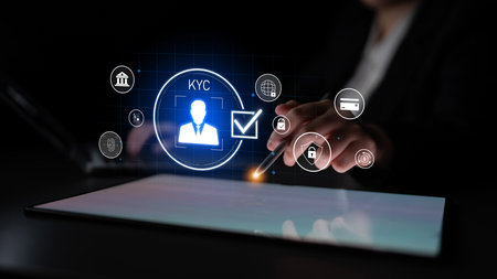 Digital KYC verification with biometric scan, ID authentication, and financial security icons representing identity verification, secure onboarding, fraud prevention, and complianceの写真素材