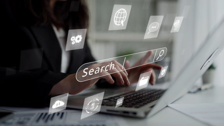 Search engine research, SEO optimization, search data analysis, keyword strategy, and digital visibility improvement through effective search engine and SEO tools.の写真素材