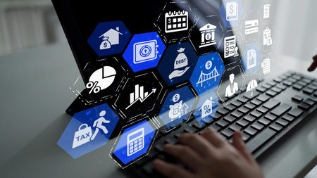 Loan icons represent debt, repayment, and financial planning. Loan supports banking, loan connects...