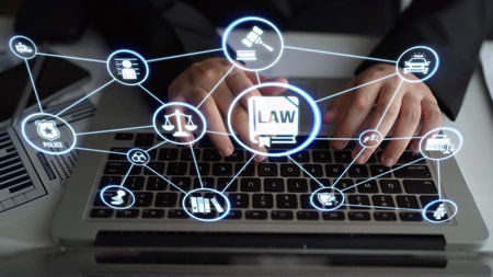 Law icons illustrate justice, court, and regulation system. Law represents fairness, law supports police, and law connects with rules, rights, and enforcement.の写真素材