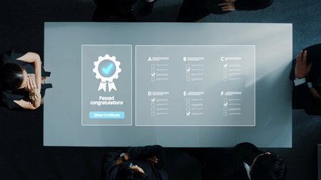 Two professionals celebrate success with a digital certificate displayed on a modern conference...