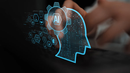 AI integrated with human cognition, supporting decision-making, automation, robotics, data analysis, and secure digital collaboration through intelligent systemsの写真素材