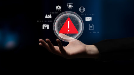 Red warning triangle representing a cybersecurity threat or data breach alert, surrounded by digital security and network protection icons, symbolizing cyber risk awareness Parseの写真素材