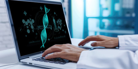 Medical science technology and futuristic healthcare virtual computer software analyze human health and diagnose disease for doctor data and medical research. briskの素材