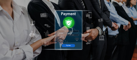 A modern secure online payment interface displayed with a group of professionals in business attire...
