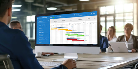 Project planning software for brisk business project management on the computer screen showing timeline chart of the team projectの素材