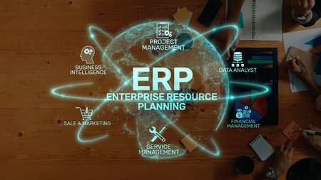 This image illustrates key elements of ERP including project management, business intelligence, data analysis, and service management, showcasing collaboration and efficiency. Rasterの写真素材
