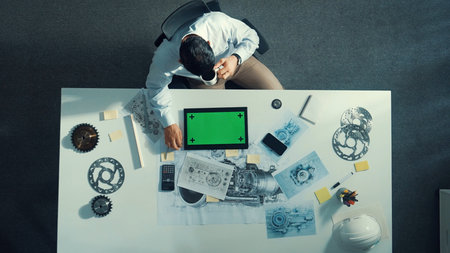 Top down view of skilled engineer writing and planning turbine engine design while sitting at meeting table with gear and electronic generator scatter around. Technician taking a note.の写真素材