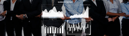 Diverse business professionals collaborate in a modern office, analyzing a summary report with...
