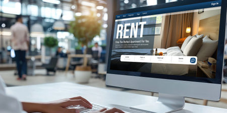 Online real estate rental search brisk on computer. House home or apartment rental website online.の素材